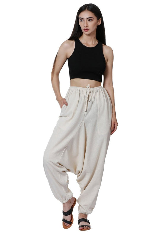 One Size Women's Eco - Friendly Cotton Harem Pants | Fits Waist Size 28 to 36 Inches | Cream - swadeshsouq.com