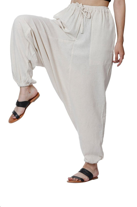 One Size Women's Eco - Friendly Cotton Harem Pants | Fits Waist Size 28 to 36 Inches | Cream - swadeshsouq.com