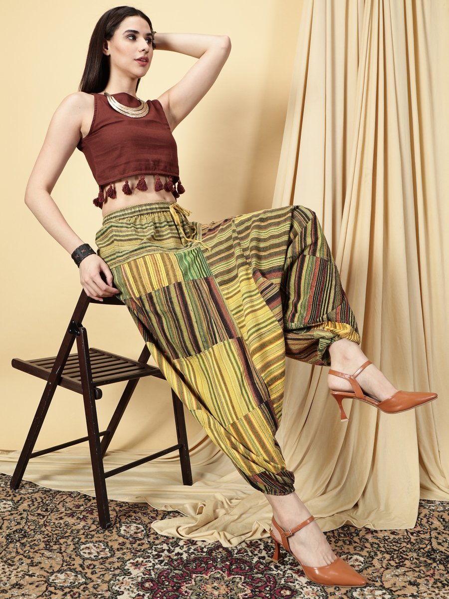 One Size Women's Eco - Friendly Cotton Patchwork Harem Pants | Fits Waist Size 28 to 36 Inches - swadeshsouq.com