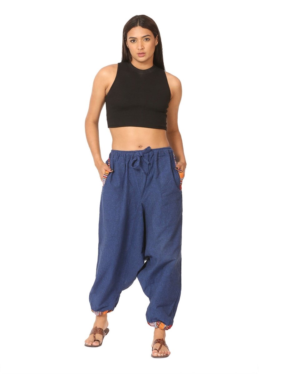 One Size Women's Eco - Friendly Cotton Tribal Harem Pants | Fits Waist Size 28 to 36 Inches | Blue - swadeshsouq.com