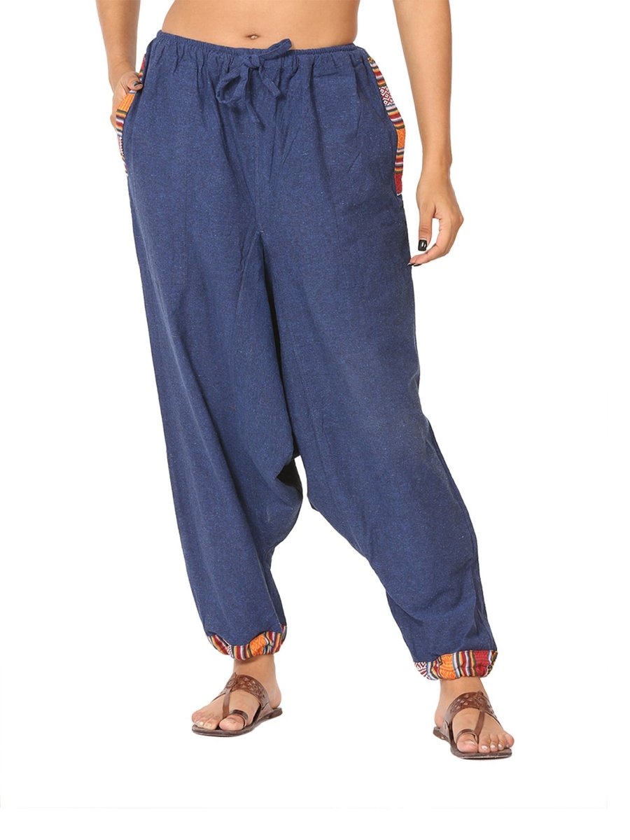 One Size Women's Eco - Friendly Cotton Tribal Harem Pants | Fits Waist Size 28 to 36 Inches | Blue - swadeshsouq.com