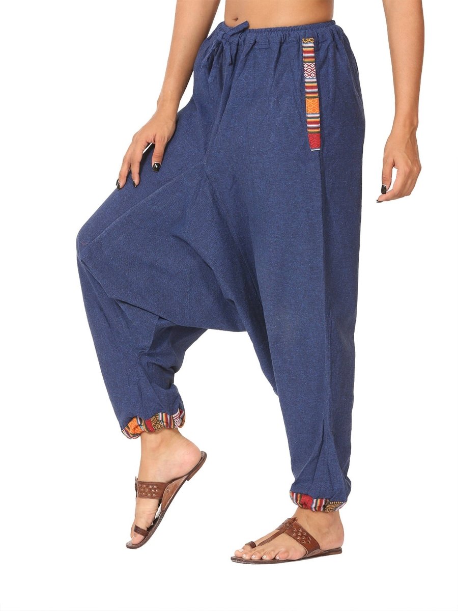 One Size Women's Eco - Friendly Cotton Tribal Harem Pants | Fits Waist Size 28 to 36 Inches | Blue - swadeshsouq.com