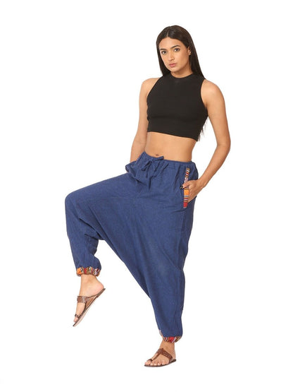 One Size Women's Eco - Friendly Cotton Tribal Harem Pants | Fits Waist Size 28 to 36 Inches | Blue - swadeshsouq.com