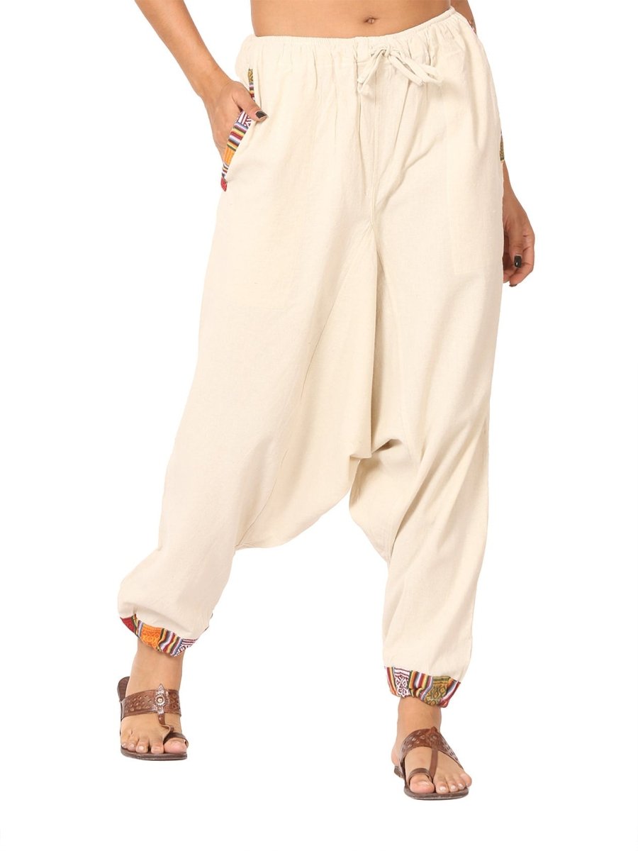 One Size Women's Eco - Friendly Cotton Tribal Harem Pants | Fits Waist Size 28 to 36 Inches | Cream - swadeshsouq.com