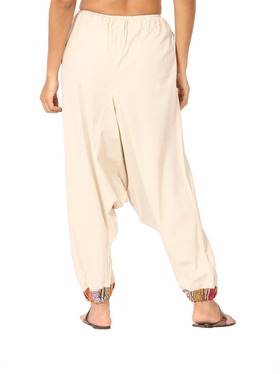 One Size Women's Eco - Friendly Cotton Tribal Harem Pants | Fits Waist Size 28 to 36 Inches | Cream - swadeshsouq.com