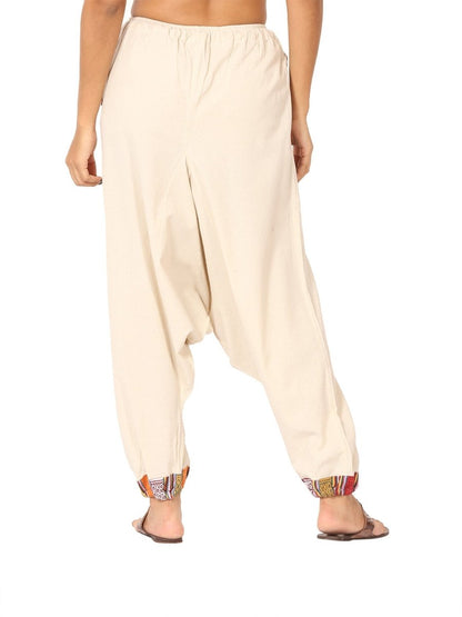 One Size Women's Eco - Friendly Cotton Tribal Harem Pants | Fits Waist Size 28 to 36 Inches | Cream - swadeshsouq.com