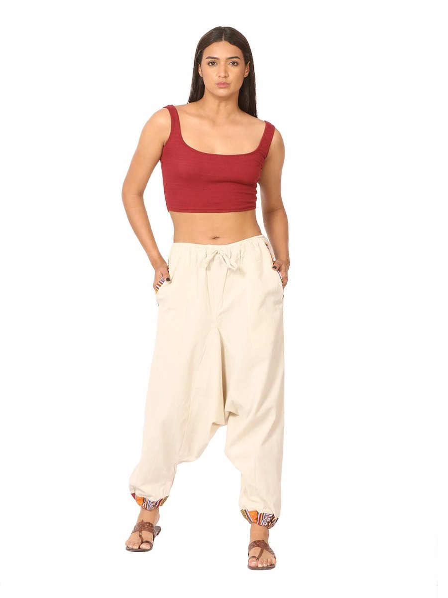 One Size Women's Eco - Friendly Cotton Tribal Harem Pants | Fits Waist Size 28 to 36 Inches | Cream - swadeshsouq.com