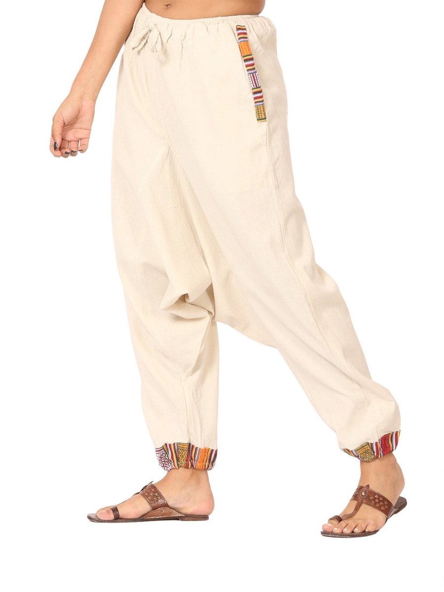 One Size Women's Eco - Friendly Cotton Tribal Harem Pants | Fits Waist Size 28 to 36 Inches | Cream - swadeshsouq.com