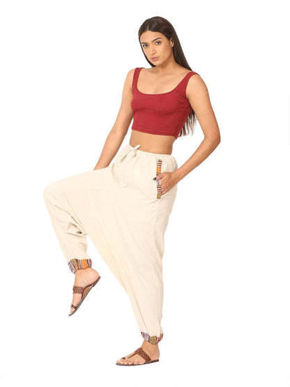 One Size Women's Eco - Friendly Cotton Tribal Harem Pants | Fits Waist Size 28 to 36 Inches | Cream - swadeshsouq.com