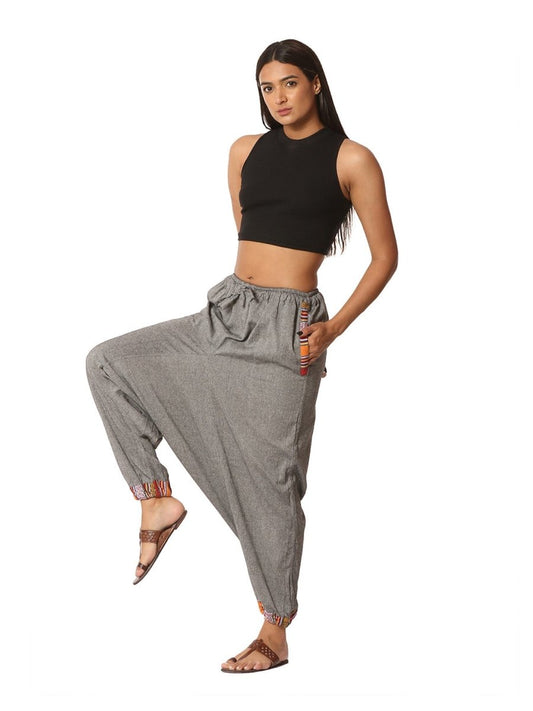 One Size Women's Eco - Friendly Cotton Tribal Harem Pants | Fits Waist Size 28 to 36 Inches | Grey - swadeshsouq.com