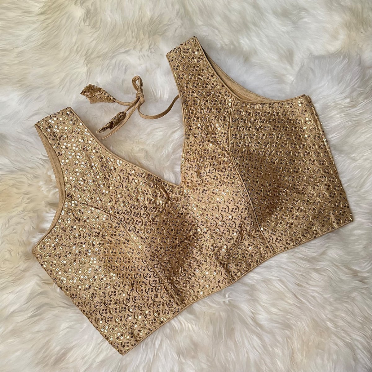 Opulent Golden Silk Designer Blouse with Full Sequins Embellishment – Adjustable Fit (32 to 38) - swadeshsouq.com