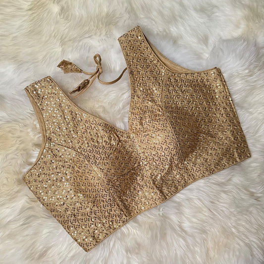 Opulent Golden Silk Designer Blouse with Full Sequins Embellishment – Adjustable Fit (32 to 38) - swadeshsouq.com