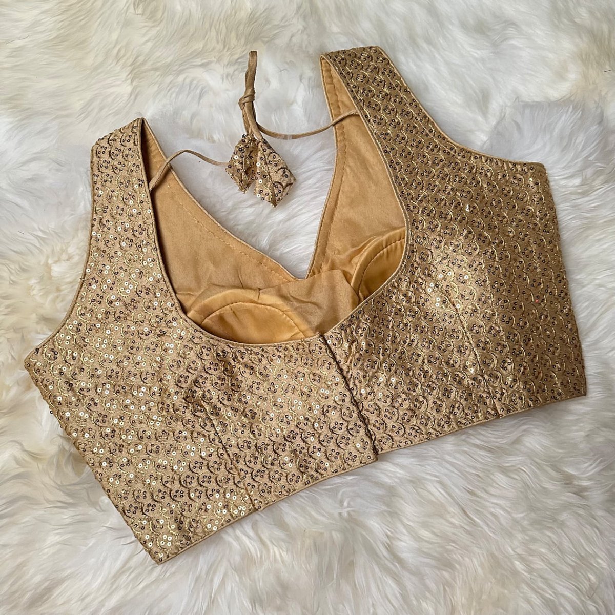 Opulent Golden Silk Designer Blouse with Full Sequins Embellishment – Adjustable Fit (32 to 38) - swadeshsouq.com