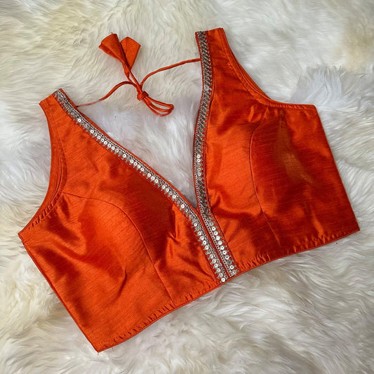 Orange Silk Blouse with Elegant Embroidery – Adjustable Fit (32 to 38) - swadeshsouq.com