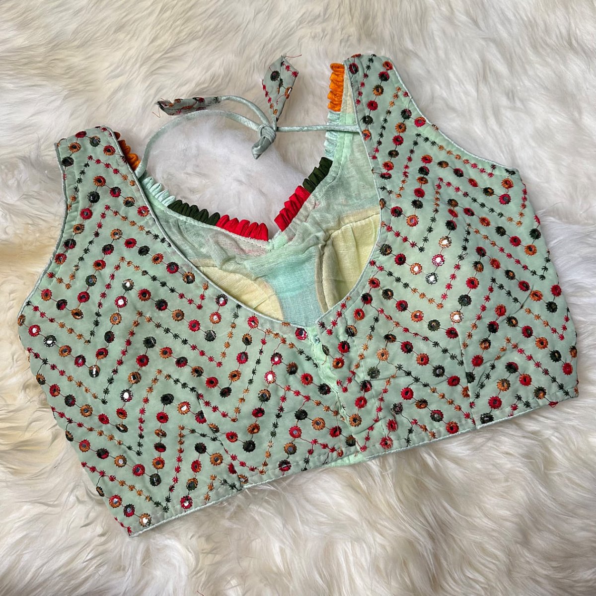 Pastel Green Georgette Blouse with Multicolour Mirror Work (Size 32–36) - swadeshsouq.com