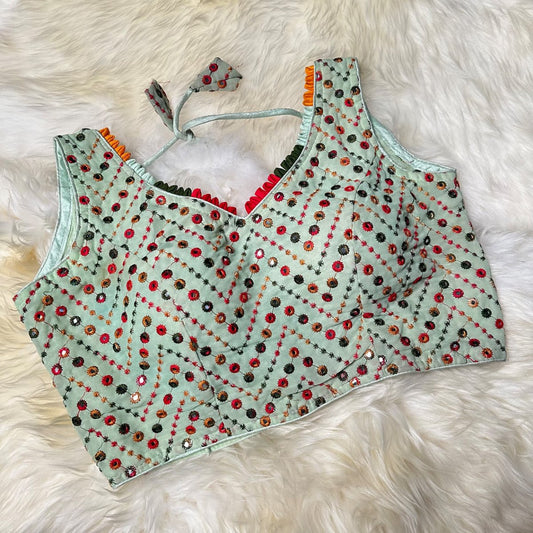 Pastel Green Georgette Blouse with Multicolour Mirror Work (Size 32–36) - swadeshsouq.com