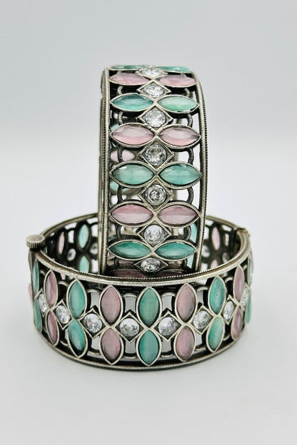 Pastel Serenity: Silver Bangles in Pink and Turquoise Hues - swadeshsouq.com