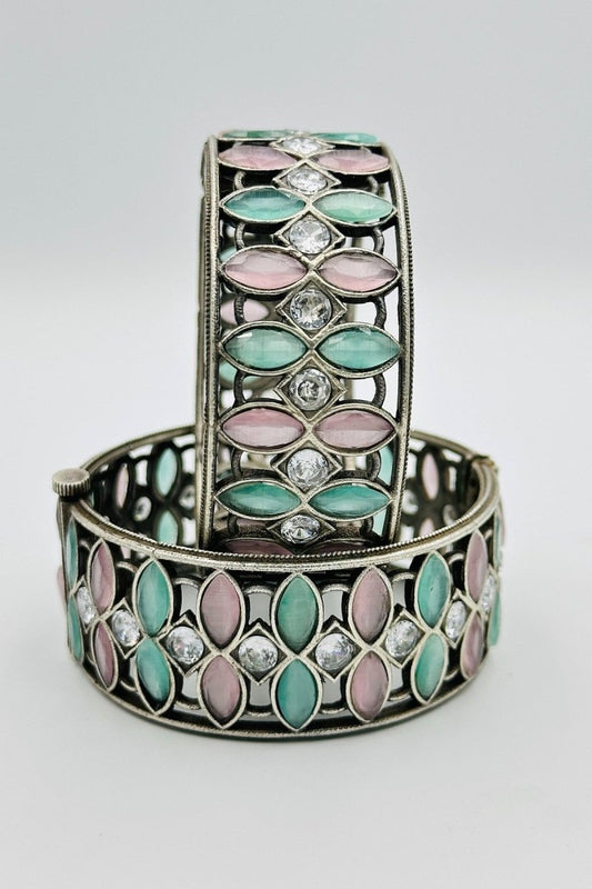 Pastel Serenity: Silver Bangles in Pink and Turquoise Hues - swadeshsouq.com