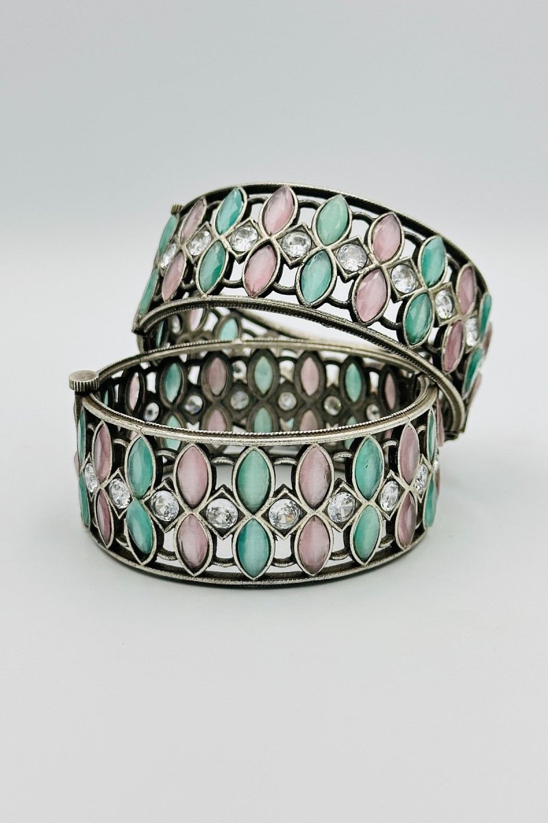 Pastel Serenity: Silver Bangles in Pink and Turquoise Hues - swadeshsouq.com