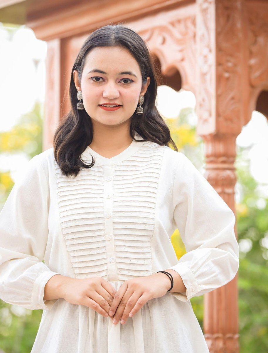 Pastel White Cotton Tunic Top with Pearl Work – Subtle Elegance Redefined - swadeshsouq.com