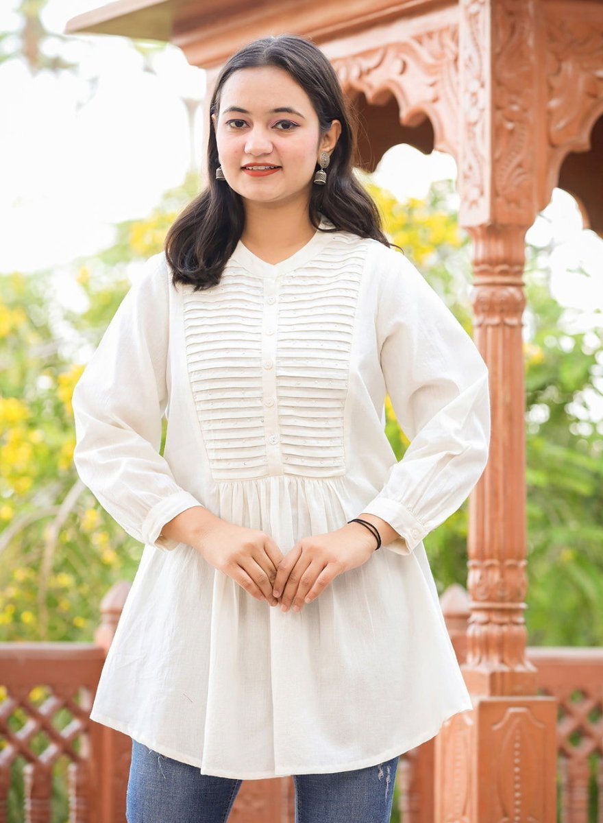 Pastel White Cotton Tunic Top with Pearl Work – Subtle Elegance Redefined - swadeshsouq.com