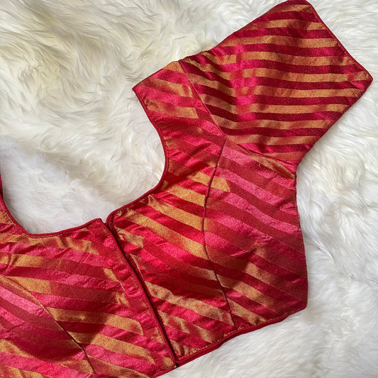 Peach Brocade Blouse with Golden Stripes (Size 32–38) with sleeves - swadeshsouq.com