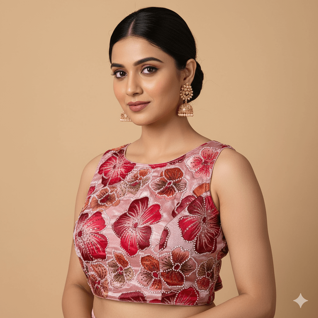 Peach Chinnon Blouse with Bright Floral Embroidery, Beads & Sequins | Sleeves Included (Fits 32–40) - swadeshsouq.com