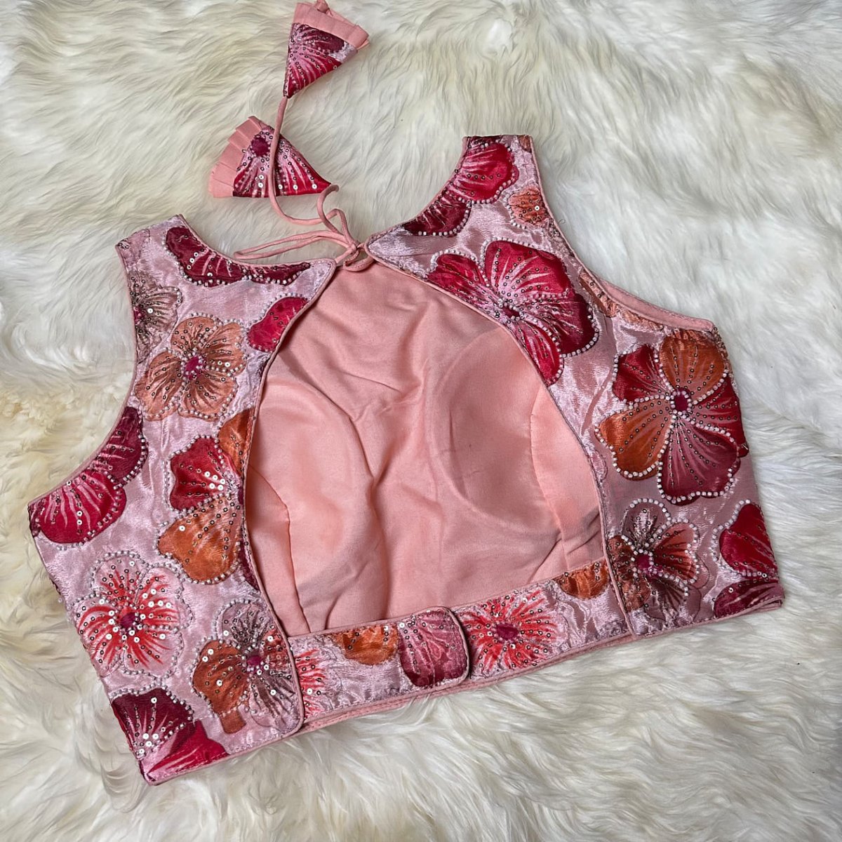 Peach Chinnon Blouse with Bright Floral Embroidery, Beads & Sequins | Sleeves Included (Fits 32–40) - swadeshsouq.com