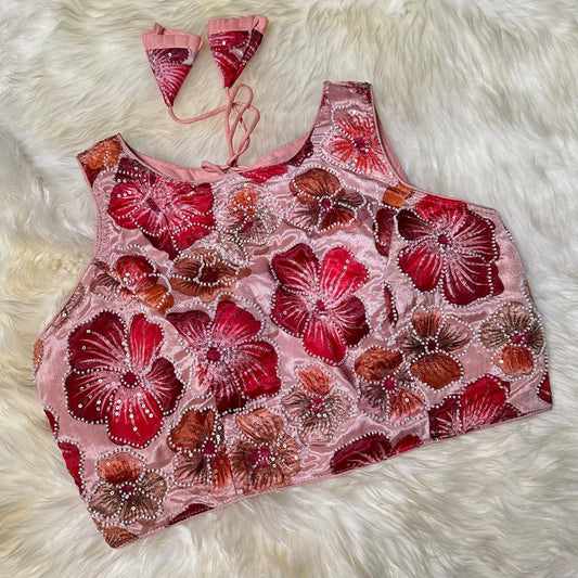 Peach Chinnon Blouse with Bright Floral Embroidery, Beads & Sequins | Sleeves Included (Fits 32–40) - swadeshsouq.com