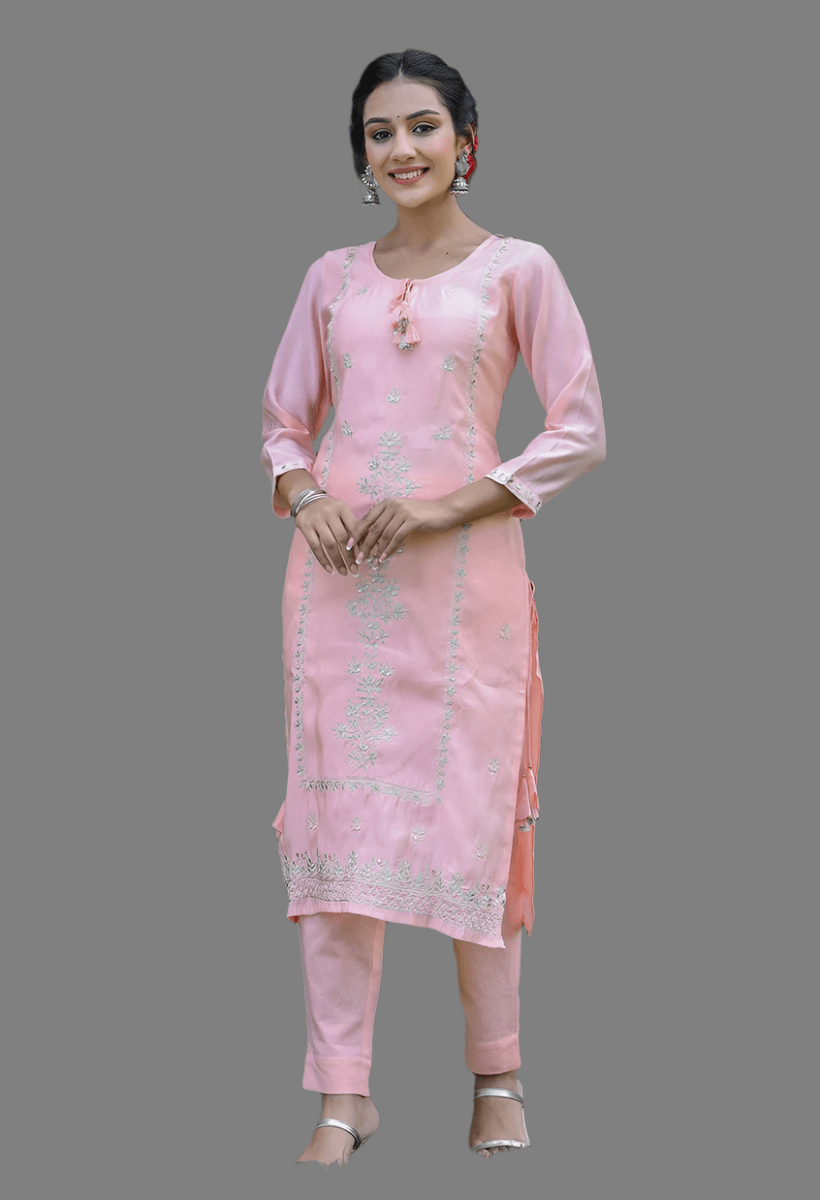 Peach Elegance All - Over Embroidered Muslin Silk Suit Set - swadeshsouq.com