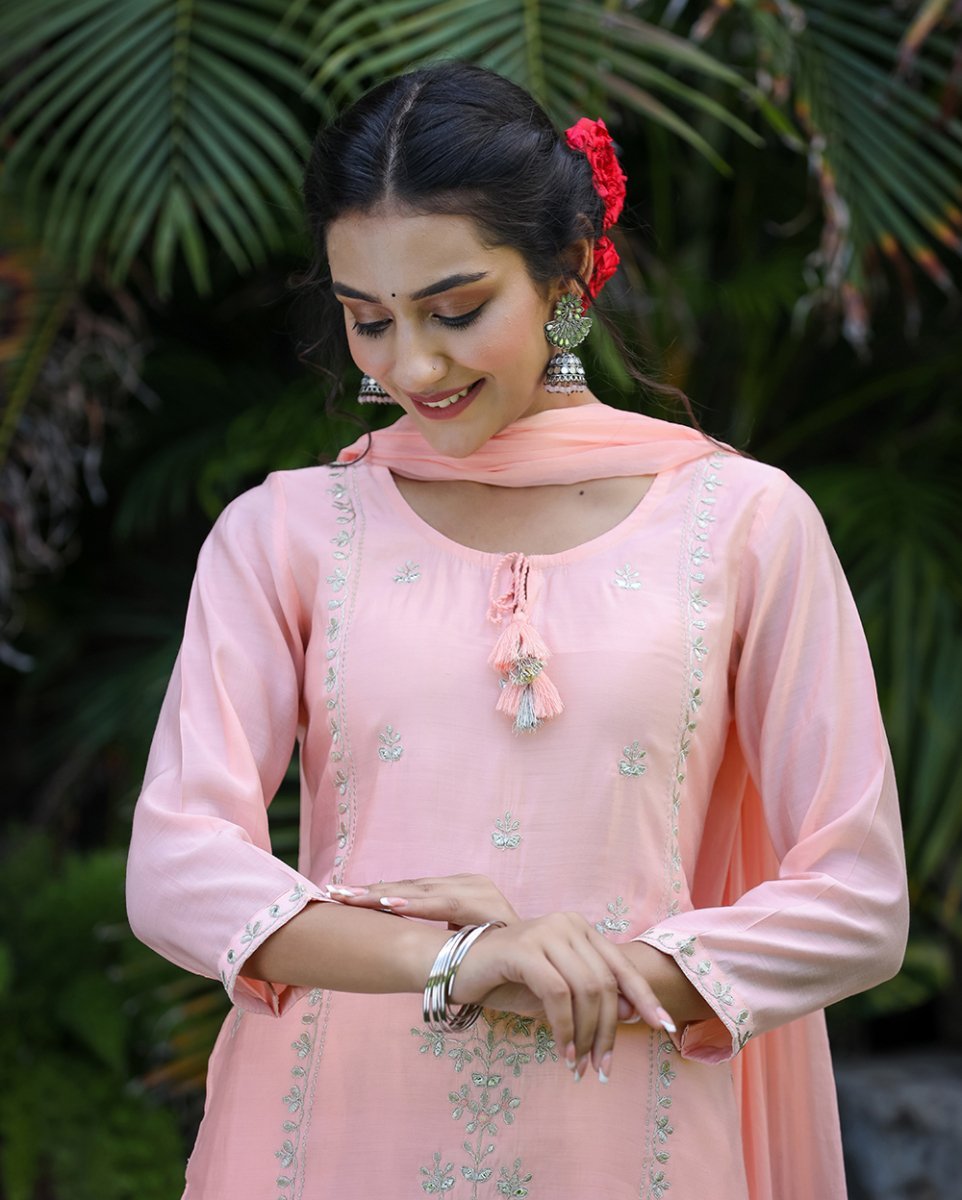 Peach Elegance All - Over Embroidered Muslin Silk Suit Set - swadeshsouq.com