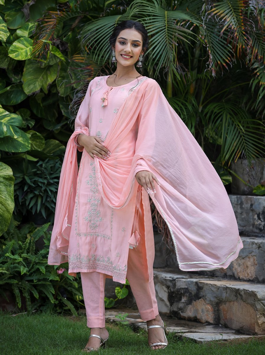 Peach Elegance All - Over Embroidered Muslin Silk Suit Set - swadeshsouq.com