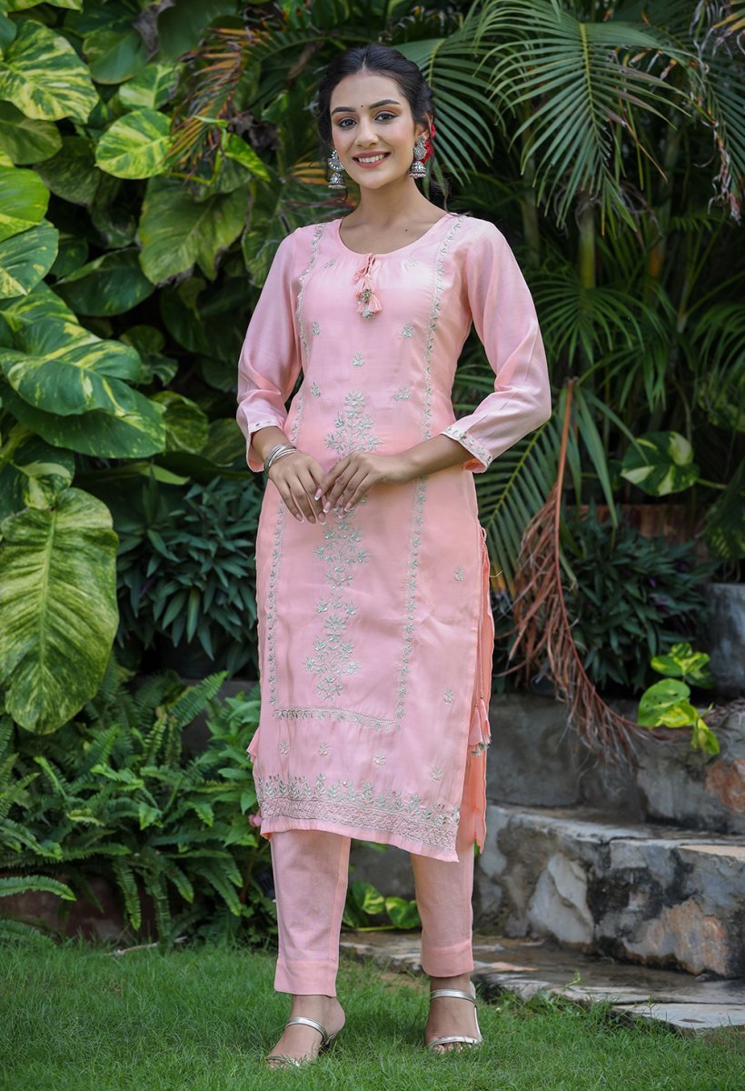 Peach Elegance All - Over Embroidered Muslin Silk Suit Set - swadeshsouq.com