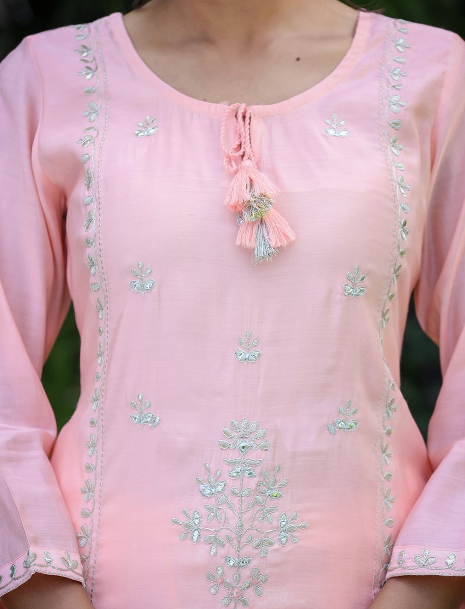 Peach Elegance All - Over Embroidered Muslin Silk Suit Set - swadeshsouq.com