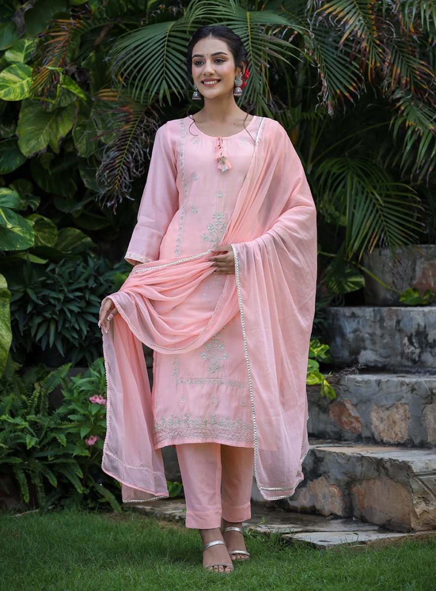 Peach Elegance All - Over Embroidered Muslin Silk Suit Set - swadeshsouq.com