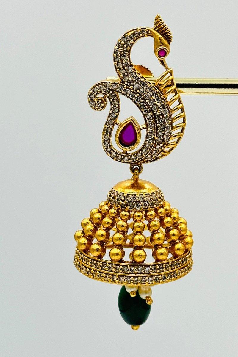 Peacock Design Gold - Plated Jhumkas with Green Stone and CZ Accents - swadeshsouq.com