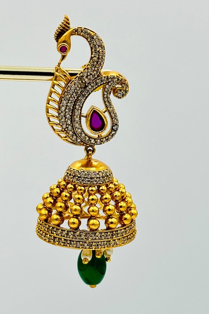 Peacock Design Gold - Plated Jhumkas with Green Stone and CZ Accents - swadeshsouq.com