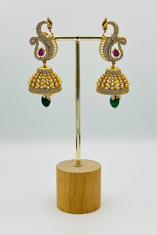 Peacock Design Gold - Plated Jhumkas with Green Stone and CZ Accents - swadeshsouq.com