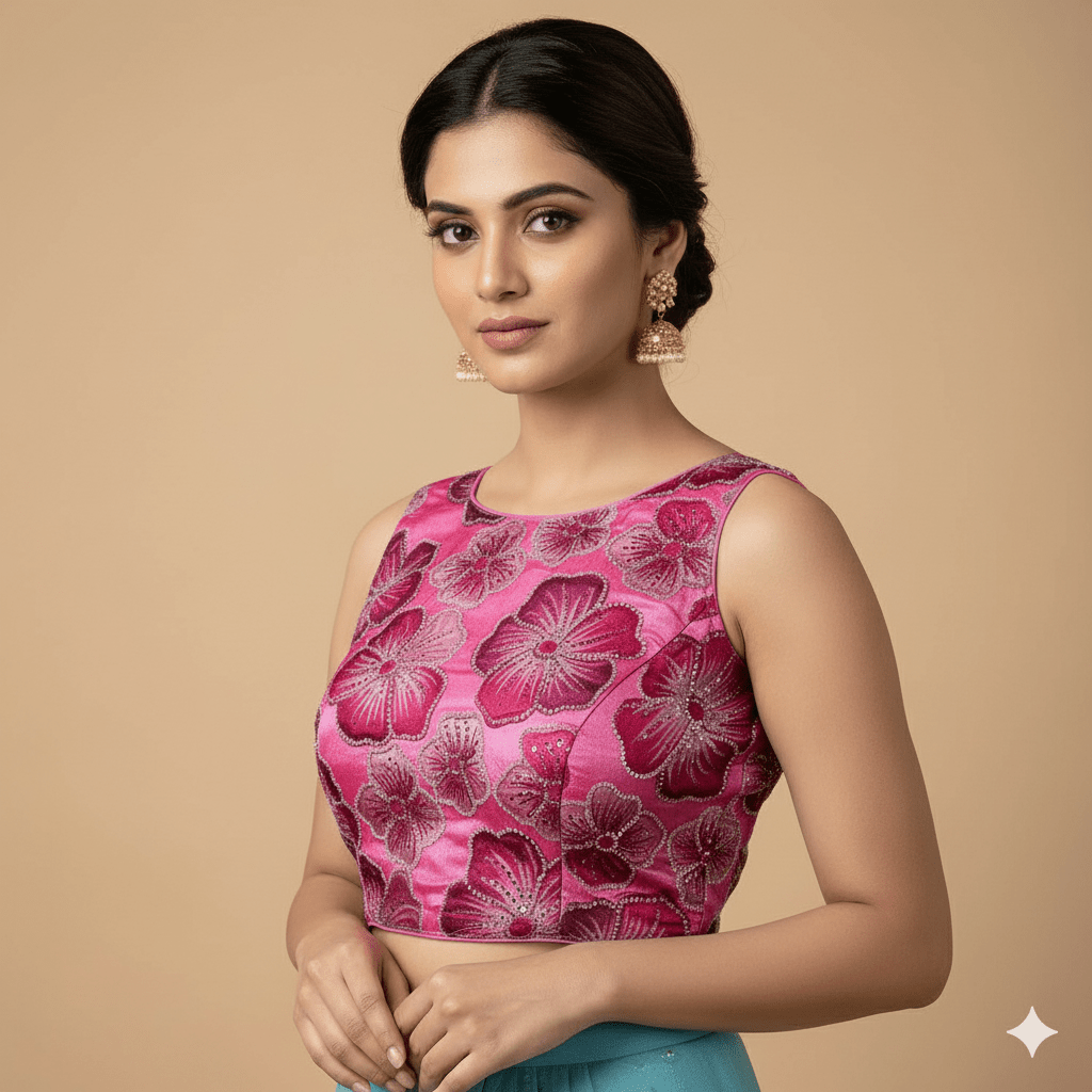 Pink Chinnon Blouse with Bright Floral Embroidery, Beads & Sequins | Sleeves Included (Fits 32–40) - swadeshsouq.com