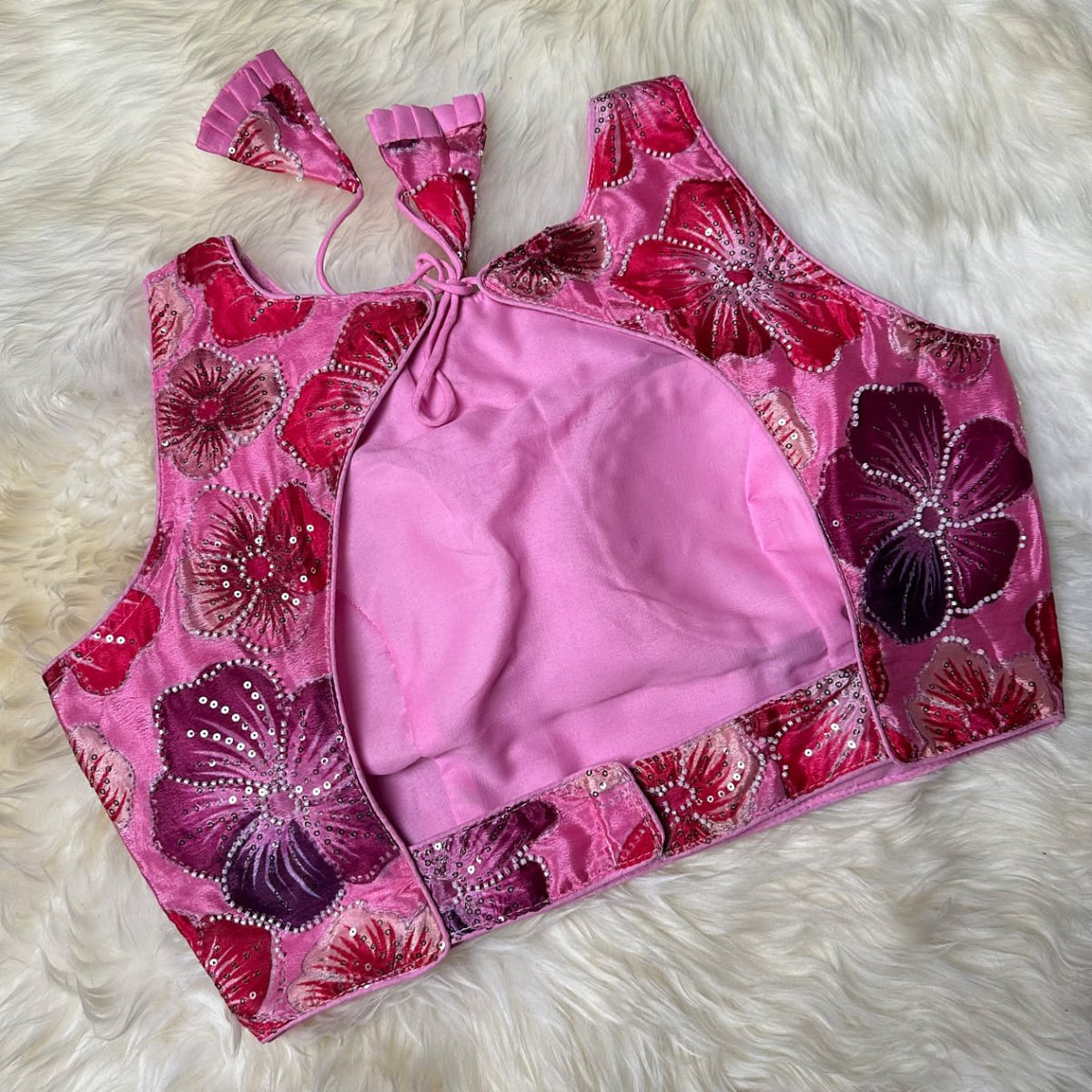 Pink Chinnon Blouse with Bright Floral Embroidery, Beads & Sequins | Sleeves Included (Fits 32–40) - swadeshsouq.com