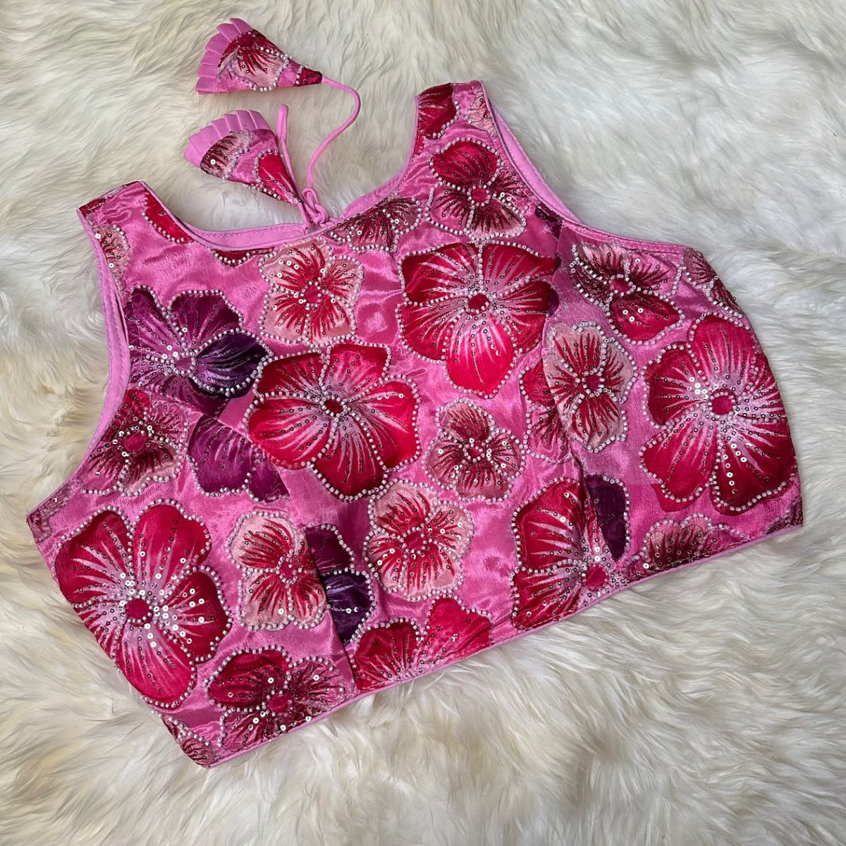 Pink Chinnon Blouse with Bright Floral Embroidery, Beads & Sequins | Sleeves Included (Fits 32–40) - swadeshsouq.com