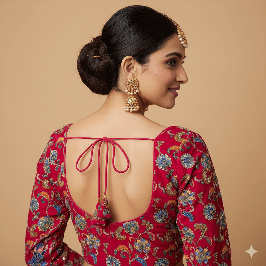 Pink Crepe Designer Blouse with Appliqué Work, Full Embroidered Sleeves & Sequins Detailing (Size 32–40) - swadeshsouq.com