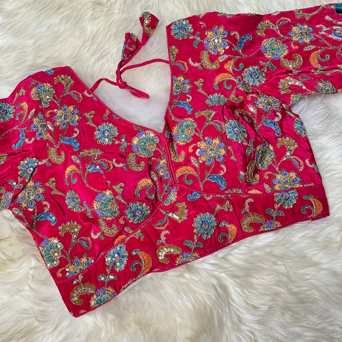 Pink Crepe Designer Blouse with Appliqué Work, Full Embroidered Sleeves & Sequins Detailing (Size 32–40) - swadeshsouq.com