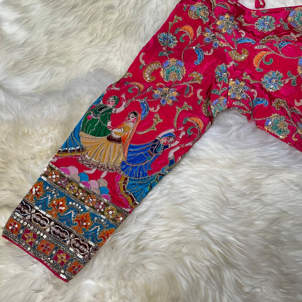 Pink Crepe Designer Blouse with Appliqué Work, Full Embroidered Sleeves & Sequins Detailing (Size 32–40) - swadeshsouq.com