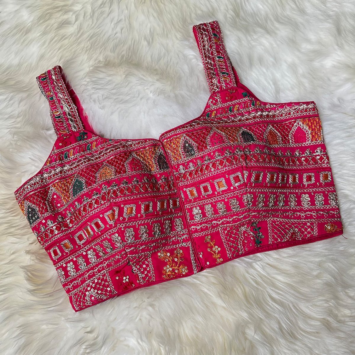 Pink Georgette Blouse with All - Over Multicolor Rajasthani Embroidery | Sleeveless (Fits 32–40) - swadeshsouq.com