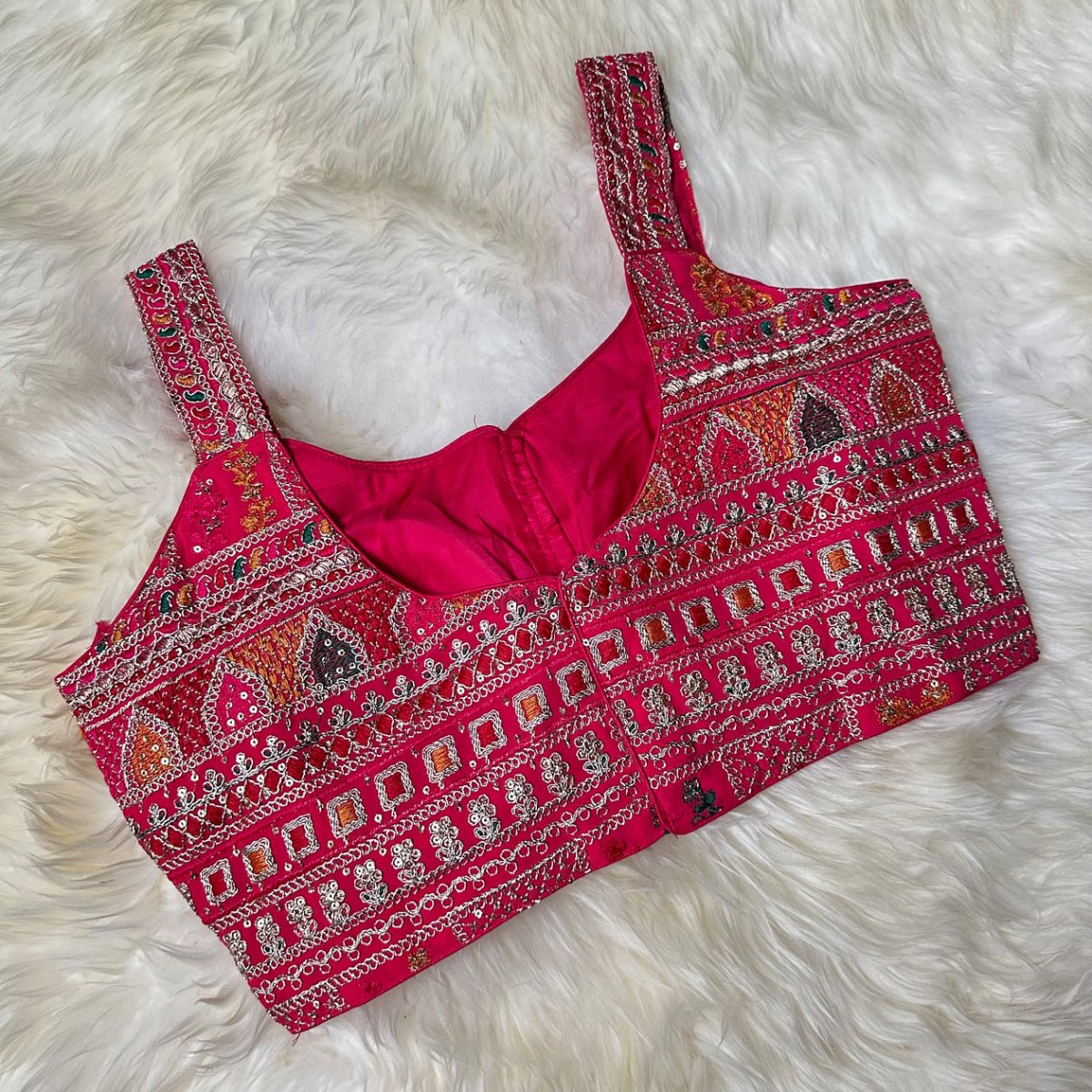 Pink Georgette Blouse with All - Over Multicolor Rajasthani Embroidery | Sleeveless (Fits 32–40) - swadeshsouq.com