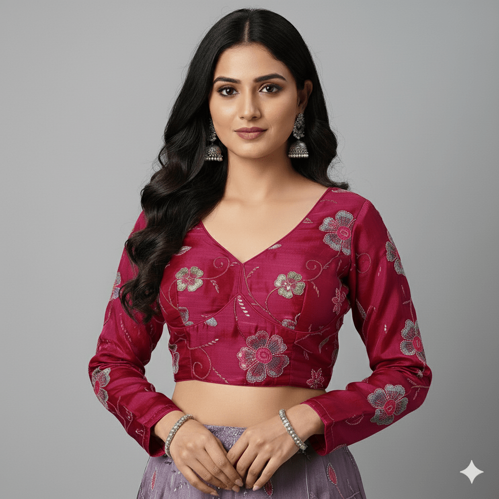 Pink Jimichoo Blouse with Elegant Bead Work – Smooth & Shiny Finish, Full Sleeves (Fits 32–40) - swadeshsouq.com