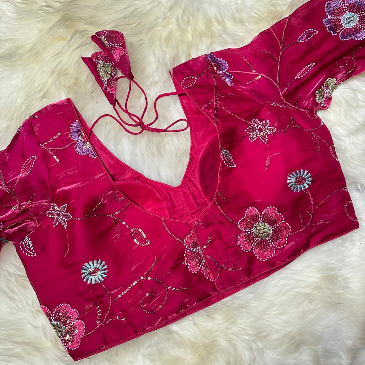 Pink Jimichoo Blouse with Elegant Bead Work – Smooth & Shiny Finish, Full Sleeves (Fits 32–40) - swadeshsouq.com