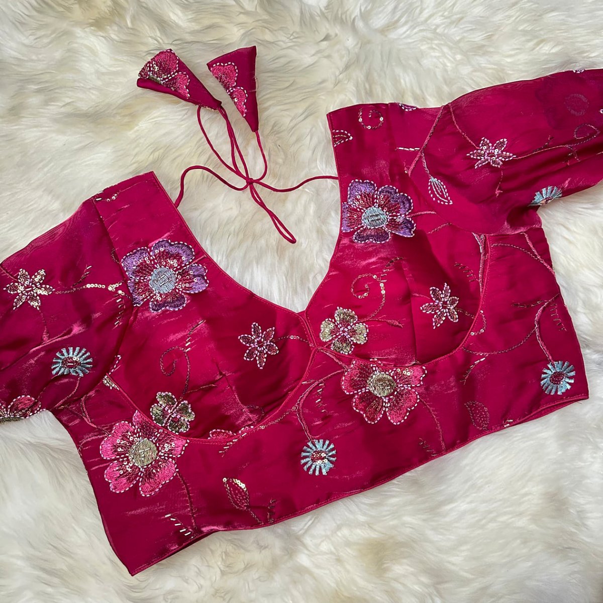 Pink Jimichoo Blouse with Elegant Bead Work – Smooth & Shiny Finish, Full Sleeves (Fits 32–40) - swadeshsouq.com