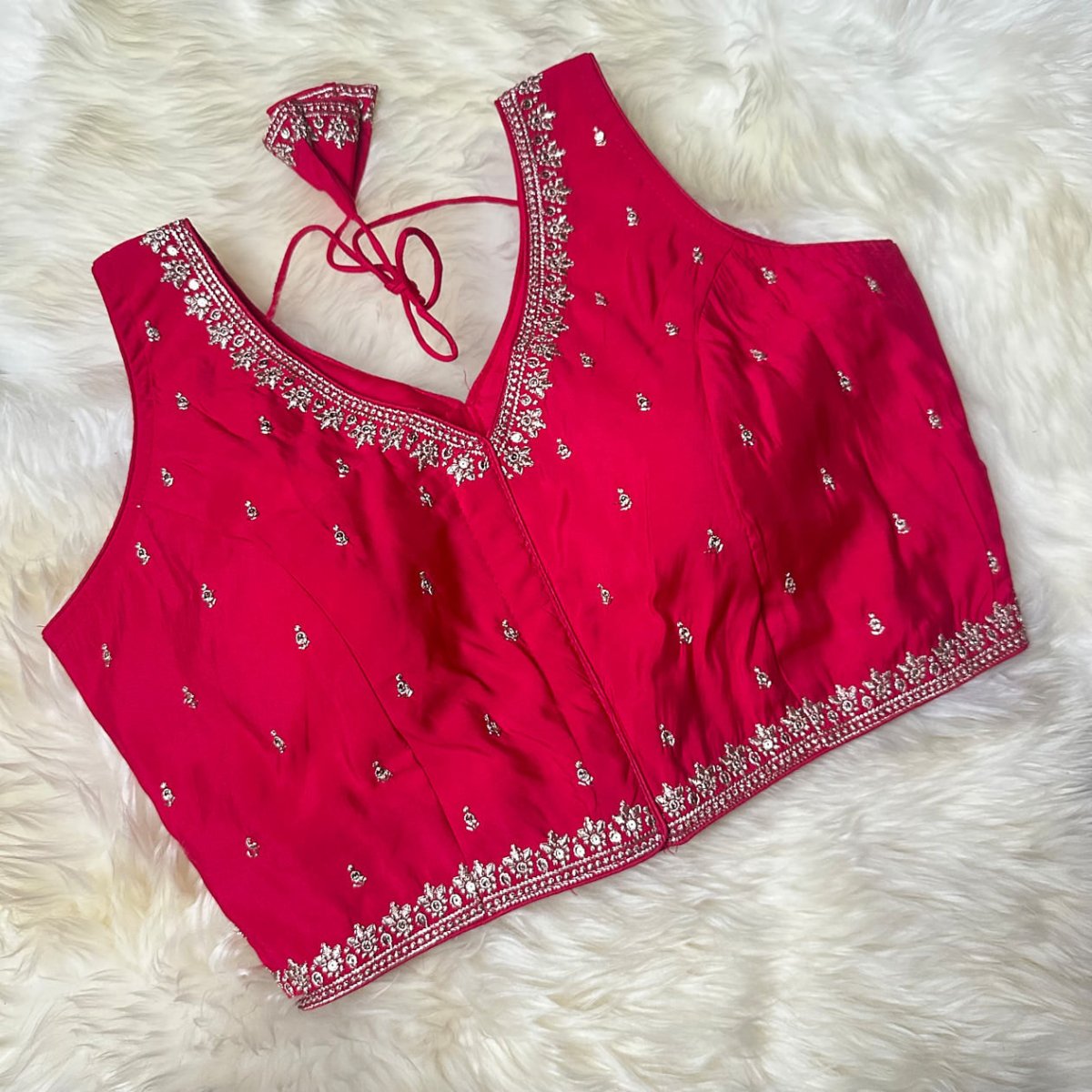 Pink Silk Blouse with Sequins Embellishments, Triangle Back Neck & Waist Detailing (Size 32–40) - swadeshsouq.com